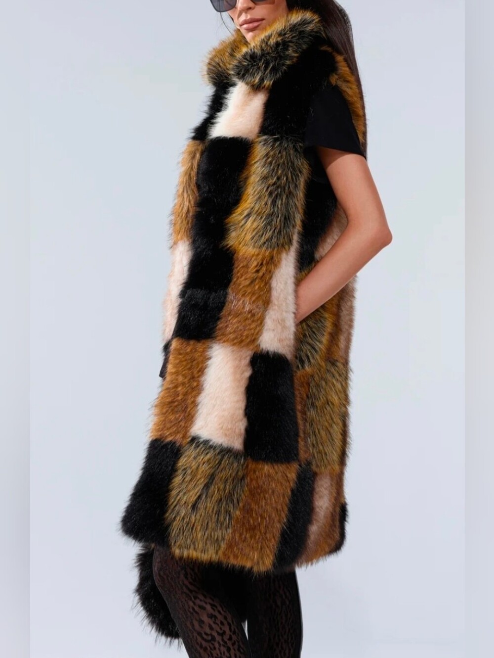 AKIRA Patchwork Faux Fur Long Vest in Brown, Black, Cream SZ l/xl